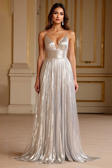 Srebrna Kształcie Litery A Satynowe Plisowana Długa Sukienki Wizytowe